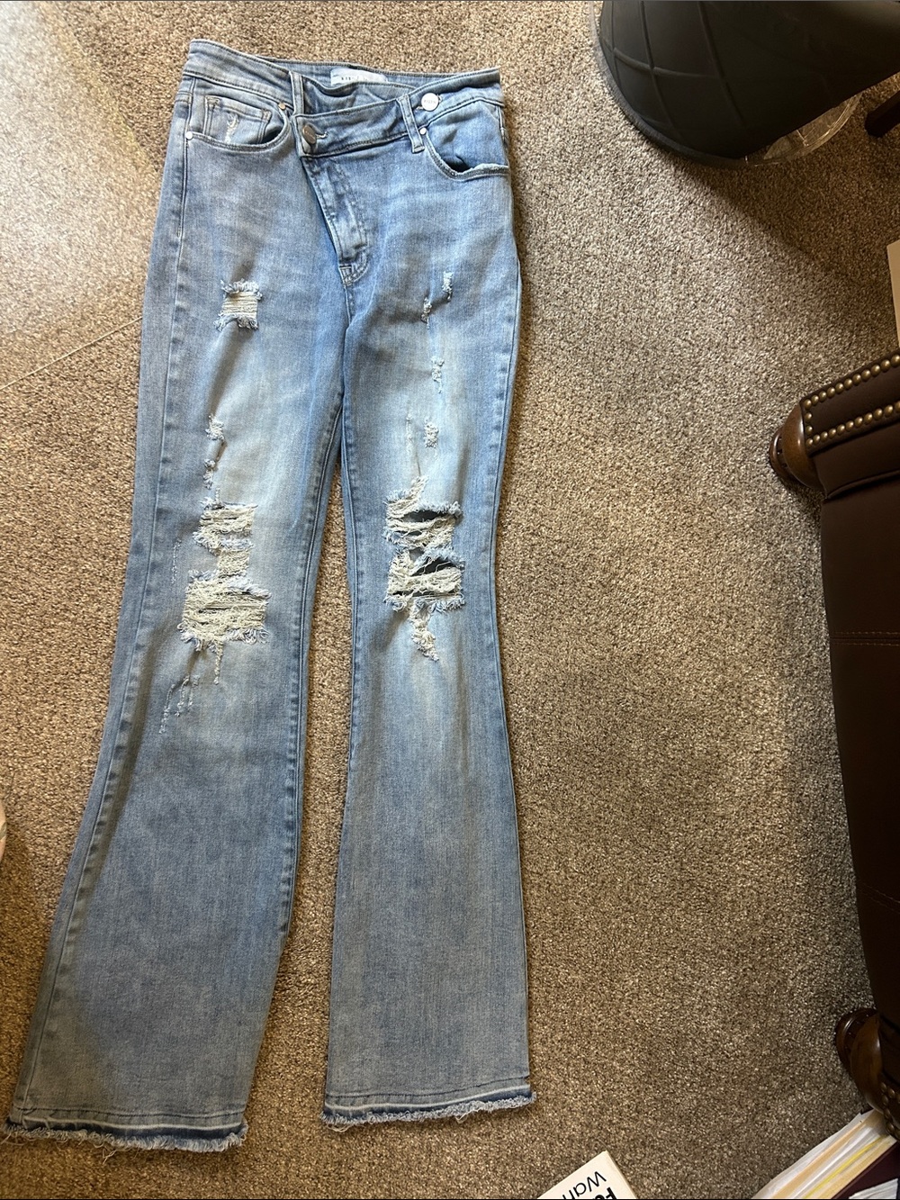 Light Blue Distressed Flare Jeans for Women - High-Rise Wide Leg